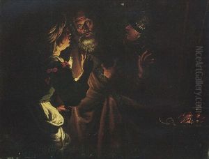 Three Figures In Discussion In A Candle-lit Interior by Gerard Seghers