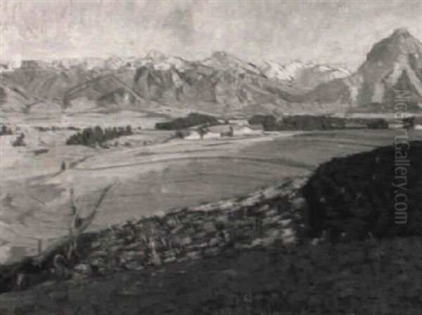 Landschaft Mit Feldern Und Weilern Vor Bergkette - view 1