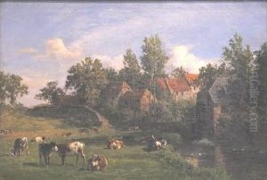 Cows Grazing By The River by Carl Seibels