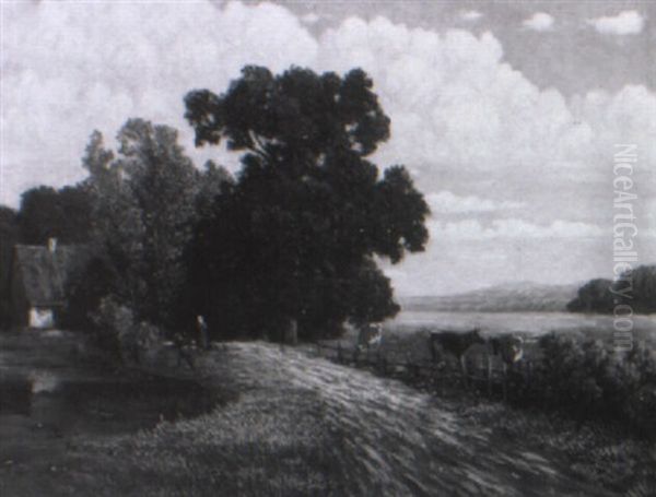 Sommerlandschaft Mit Weidenden Kuhen, Am Teich Eine Bauerinmit Knabe - view 1