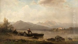 Figures With Boats Moored Along A River Bank