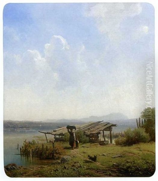 Wascherin Mit Kleinem Kind Und Hund Am Seeufer - view 1