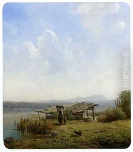 Wascherin Mit Kleinem Kind Und Hund Am Seeufer by Franz Seidel