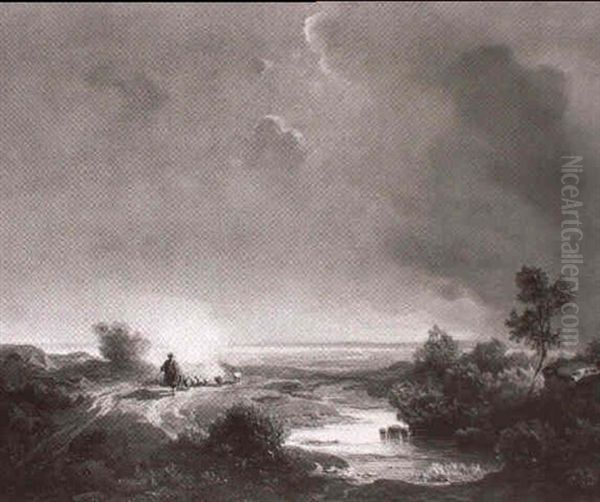 Schafer Mit Seiner Herde In Weiter Landschaft Mit Einem Gew,sser - view 1