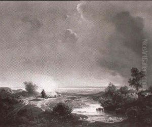 Schafer Mit Seiner Herde In Weiter Landschaft Mit Einem Gew,sser by Franz Seidel