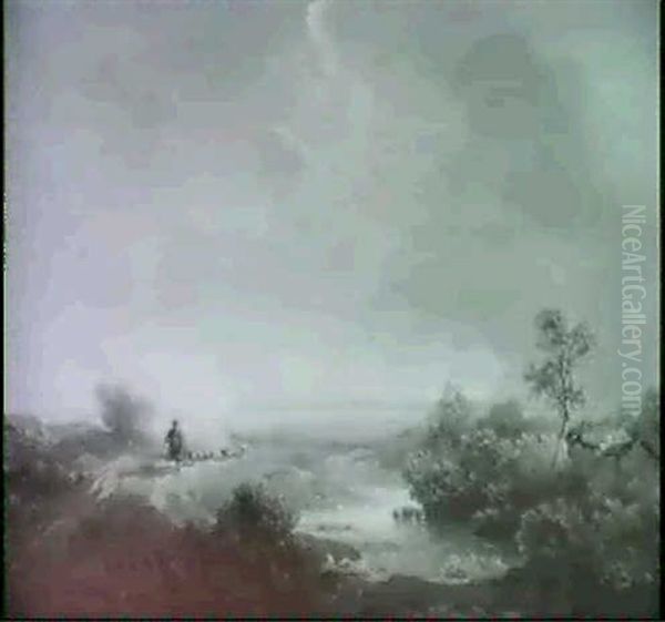 Schafer Mit Einer Herde Auf Staubiger Fahrstrasse Bei       Heraufziehendem Unwetter - view 1