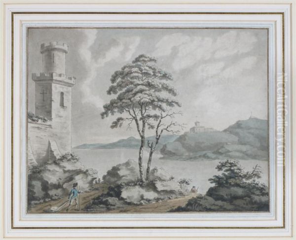 Figures By A Castle In A Lake Landscape - view 1