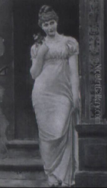 Woman With Bouquet Descending Steps Of Doorway - view 1