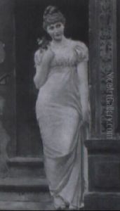 Woman With Bouquet Descending Steps Of Doorway