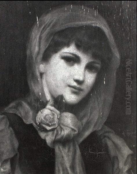 Young Beauty With A Pink Rose - view 1