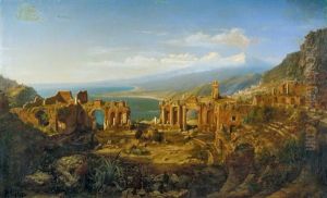 Blick Uber Die Ruinen Des Amphitheaters Von Taormina Auf Sizilien Auf Den Atna