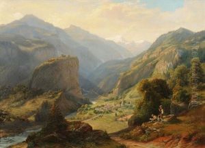 Ansicht Von Thusis Eingebettet In Die Berglandschaft, Im Vordergrund Ein Maler by Carl Friedrich Seiffert