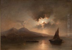 Italian Coastal Moonlit Scene With Erupting Volcano by Carl Friedrich Seiffert