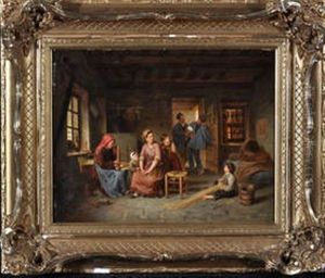 A French Cottage Interior With Two Women Making Rushwork Stools, With Three Children And Two Men Nearby by Paul Seignac