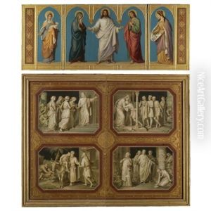 Auferstandenen Christus Umgeben Von Agnes, Maria, Johannes Und Elisabeth, Sowie Vier Parabeln (the Resurrected Christ With Agnes, Mary, John And Elisabeth And The Parables Of Christ) (triptych) by Alexander Maximilian Seitz