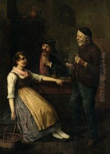 Dirndl Mit Zwei Bauern In Der Stube by Anton Seitz