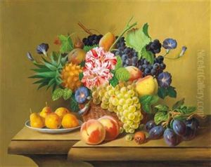 Still Life With Basket Of Fruit And Plate Of Pears by Georg (Johann G.) Seitz