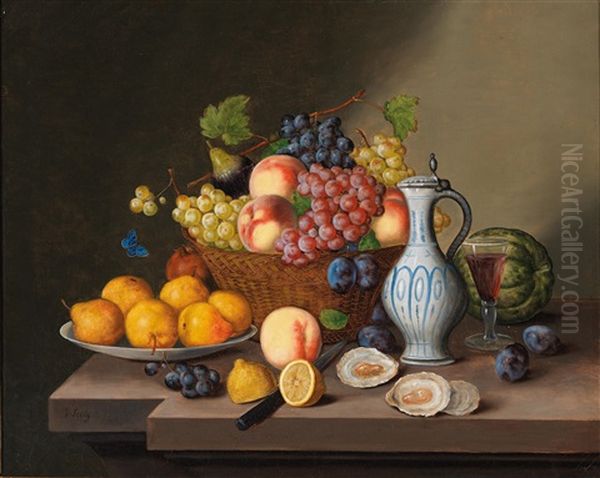 Large Still Life With Fruit, Pottery Jug, Oysters And Melons - view 1