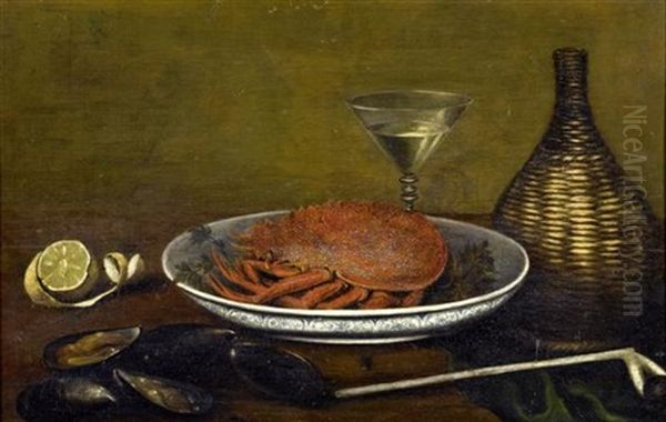Stilleben Mit Hummer In Porzellanschale, Austern, Zitrone, Flechtkorbflasche Und Weinglas - view 1