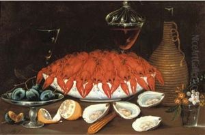 Crayfish In A Porcelain Bowl, Oysters, A Partially Peeled Lemon, Plums In A Silver Dish, Two Glasses Of Wine, A Bottle And A Glass With Flowers On Table by Johann Seitz