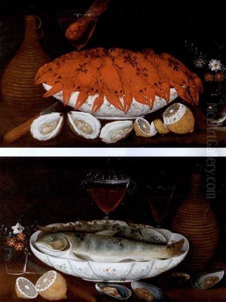 Crayfish In A Porcelain Bowl With Oysters, Lemons, Flowers In A Glass, A Jug, A Knife And A Facon-de-venise Wine Glass On A Table (+ Salmon In A Porcelain Bowl With Lemons, Oysters, Flowers...;pair) - view 1