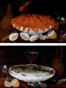Crayfish In A Porcelain Bowl With Oysters, Lemons, Flowers In A Glass, A Jug, A Knife And A Facon-de-venise Wine Glass On A Table (+ Salmon In A Porcelain Bowl With Lemons, Oysters, Flowers...;pair) by Johann Seitz