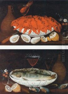 Crayfish In A Porcelain Bowl, Oysters, Lemons, Flowers In A Vase, Fiaschi, Knife And A Facon-de-venise Wine Glass On A Table by Johann Seitz