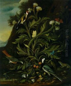 Waldesgrund Mit Einer Distel, Erdbeeren, Singvogeln, Schmetterlingen, Eidechse, Libelle Und Einem Hirschkafer
