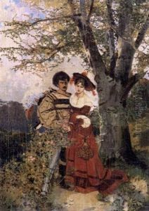 Ein Liebespaar In Altdeutscher Tracht Vor Einem Rosenstrauch Unter Einem Baum