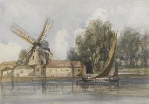 A Wherry Passing A Windmill And Farm Buildings by Thomas Shotter Boys