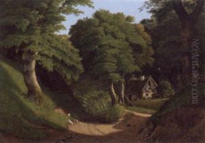 Kuperet Skovlandskab Med Strataekt Hus by Georg Sofus Seligmann