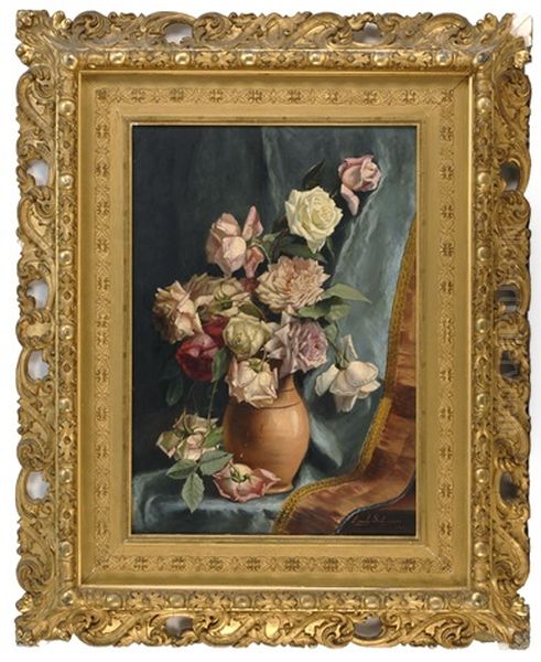 Still Life Of Roses And Peonies In A Pottery Vase - view 1
