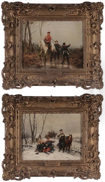 A Pair Of Finely Painted Military Scenes: Soldiers Reporting To An Officer On Horseback And Soldiers Aiding The Wounded - view 1