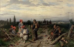 Tirailleurs Algeriens (turcos) Prisonniers, Gardes Par Des Soldats Prussiens, En Arriere-plan Une Ville Et Des Uhlans