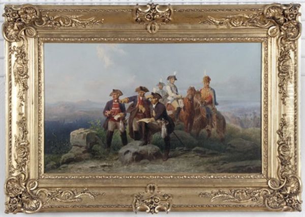 Offiziere Der Kavallerie Und Infanterie Auf Einer Felsigen Anhohe Bei Der Lageberatung - view 1