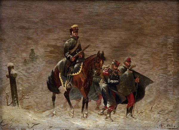 Paar Militarszenen Des Deutsch-franzosischen Krieges: Preusischer Kavallerist Mit Zwei Franzosischen Gefangenen In Winterlandschaft Bzw. Deutscher Infanterist Mit Gefangenen Chausseurs D'afrique In Winterlandschaft (pair) - view 1