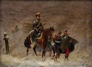 Paar Militarszenen Des Deutsch-franzosischen Krieges: Preusischer Kavallerist Mit Zwei Franzosischen Gefangenen In Winterlandschaft Bzw. Deutscher Infanterist Mit Gefangenen Chausseurs D'afrique In Winterlandschaft (pair) by Christian Sell