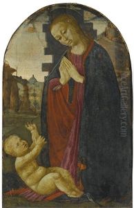 The Madonna And Child Before Ruins, A Mountainous Landscape Beyond by Jacopo Del Sellaio