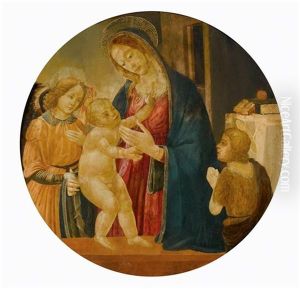 Tondo Mit Maria, Dem Christusknaben Und Johannes Dem Taufer In Belgeitung Von Einem Engel by Jacopo Del Sellaio