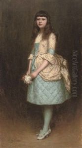 Portrait Of Eva Mackintosh In A Blue Dress With A Cream Flower Covered Bustle Swag And Bodice, Holding A Posy Of Flowers