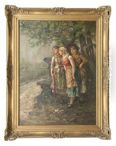 Drei Madchen, Vor Dem Regen Schutz Suchend by Hans Sellenati