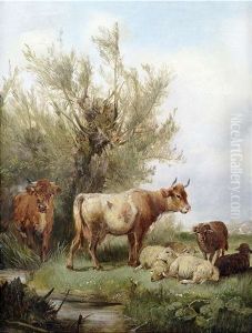 Kuhe Und Schafe Auf Der Weide by Ludwig Sellmayr