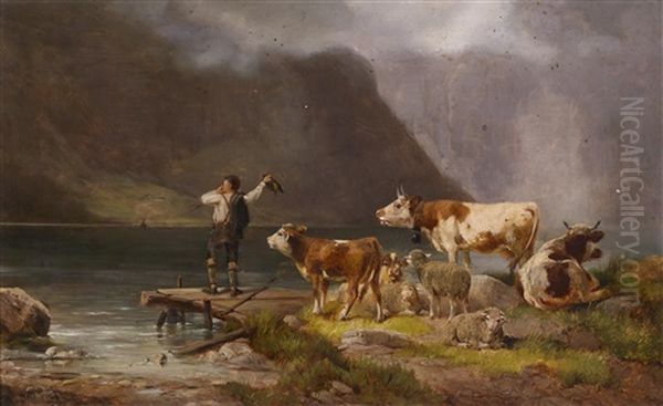 Hirtenjunge Mit Seiner Herde Am Seeufer - view 1
