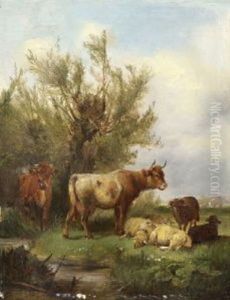 Kuhe Und Schafe Am Wasser by Ludwig Sellmayr