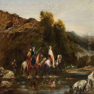 Arabian Horsemen Passing A River In Evening Light by Honore Boze