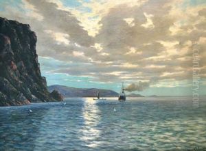 Steamship And Sailing Ship Off A Rocky Coastline