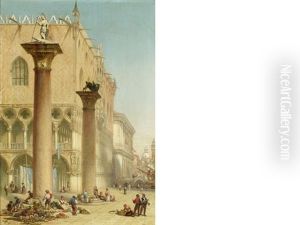 Flower Market In Piazzetta San Marco By The Column Of St. Theodore, Venice