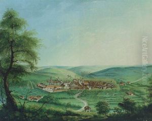 Blick Auf Eine Landschaft Mit Einem Dorf Und Eine Klosteranlage