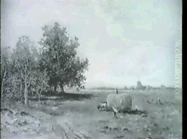 Heuernte Unter Weissblauem Himmel Im Vorgebirge, In Der Linken Bildhalfte Baumgruppe. - view 1