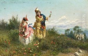 Zwei Damen Blumen Pfluckend